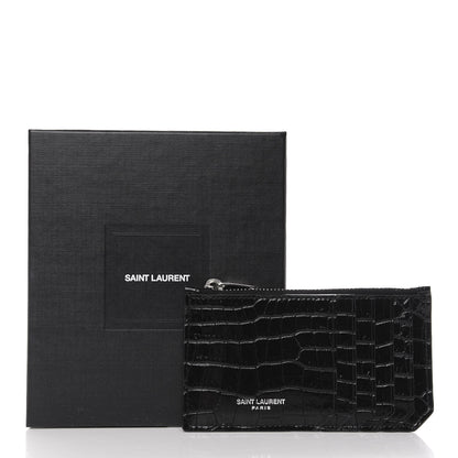 Saint Laurent Calfskin Crocodile Embossed 5 Fragments Zip Pouch Card Holder Black 8 of 8
