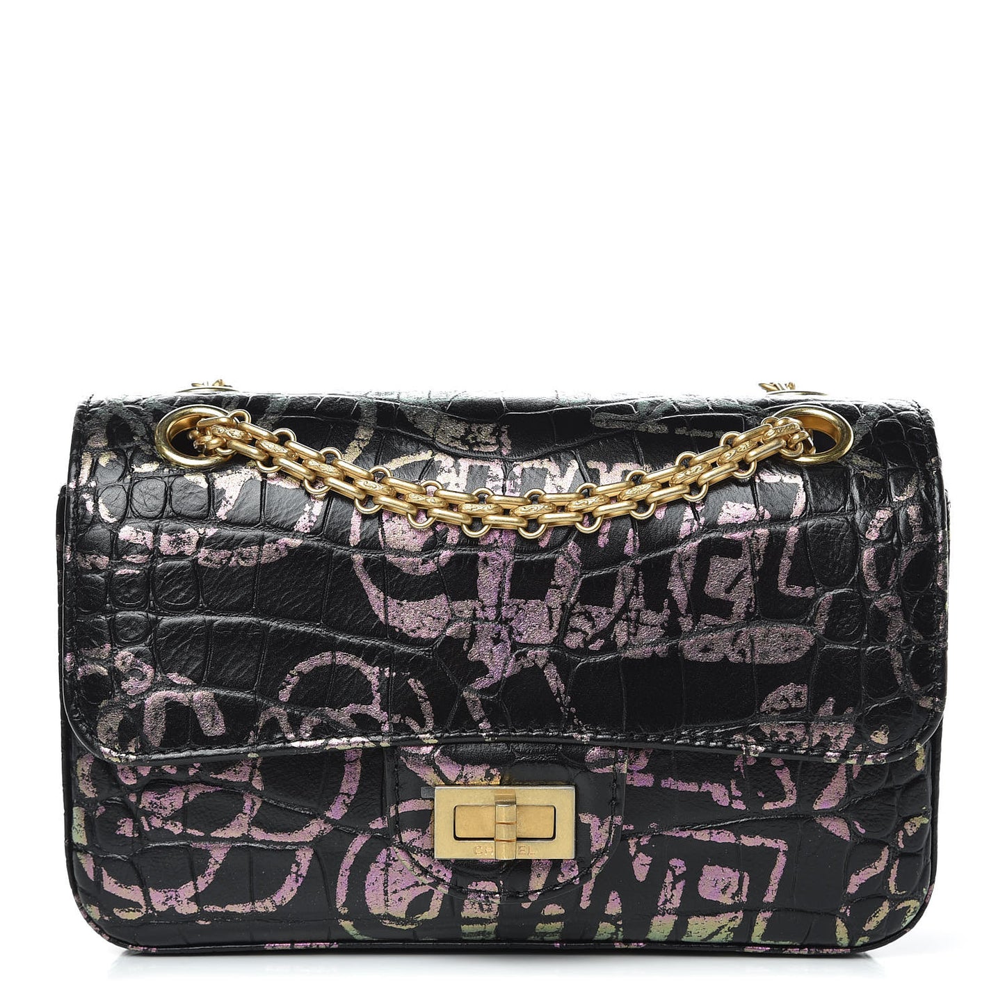 Calfskin Crocodile Embossed Graffiti 2.55 Mini Cocodile Reissue Flap Black Pink