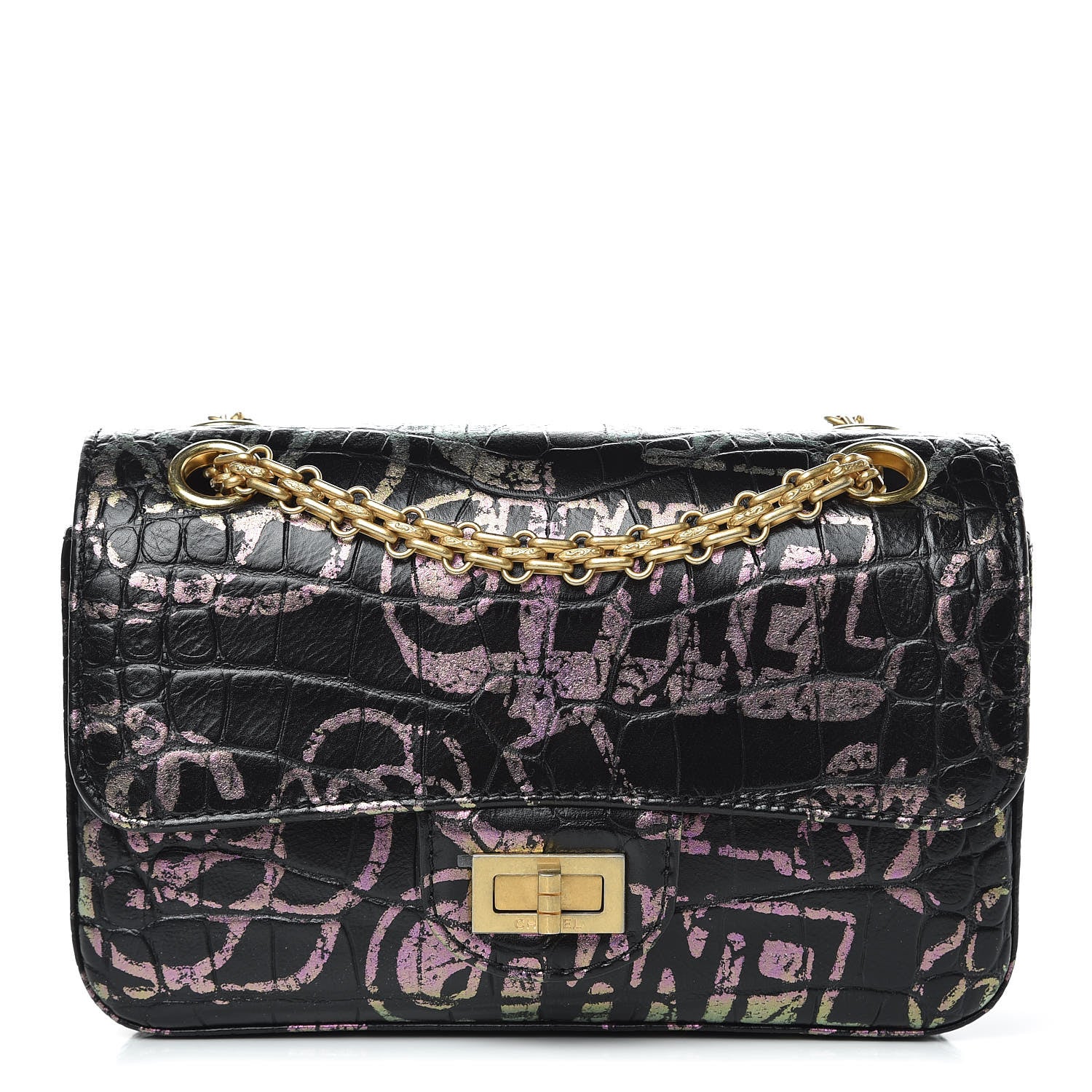 Chanel Calfskin Crocodile Embossed Graffiti 2.55 Mini Cocodile Reissue Flap Black Pink 1 of 11