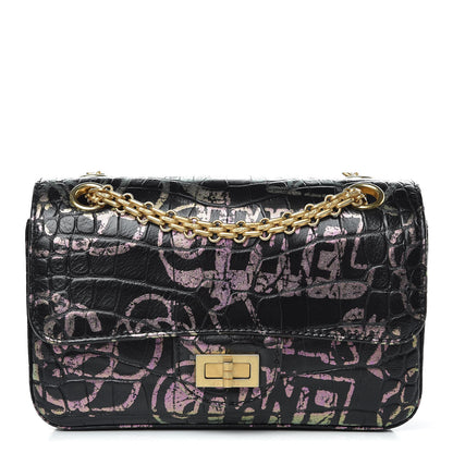 Chanel Calfskin Crocodile Embossed Graffiti 2.55 Mini Cocodile Reissue Flap Black Pink 1 of 11