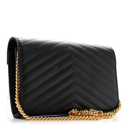 Saint Laurent Grain De Poudre Matelasse Chevron Monogram Chain Wallet Black 4 of 27