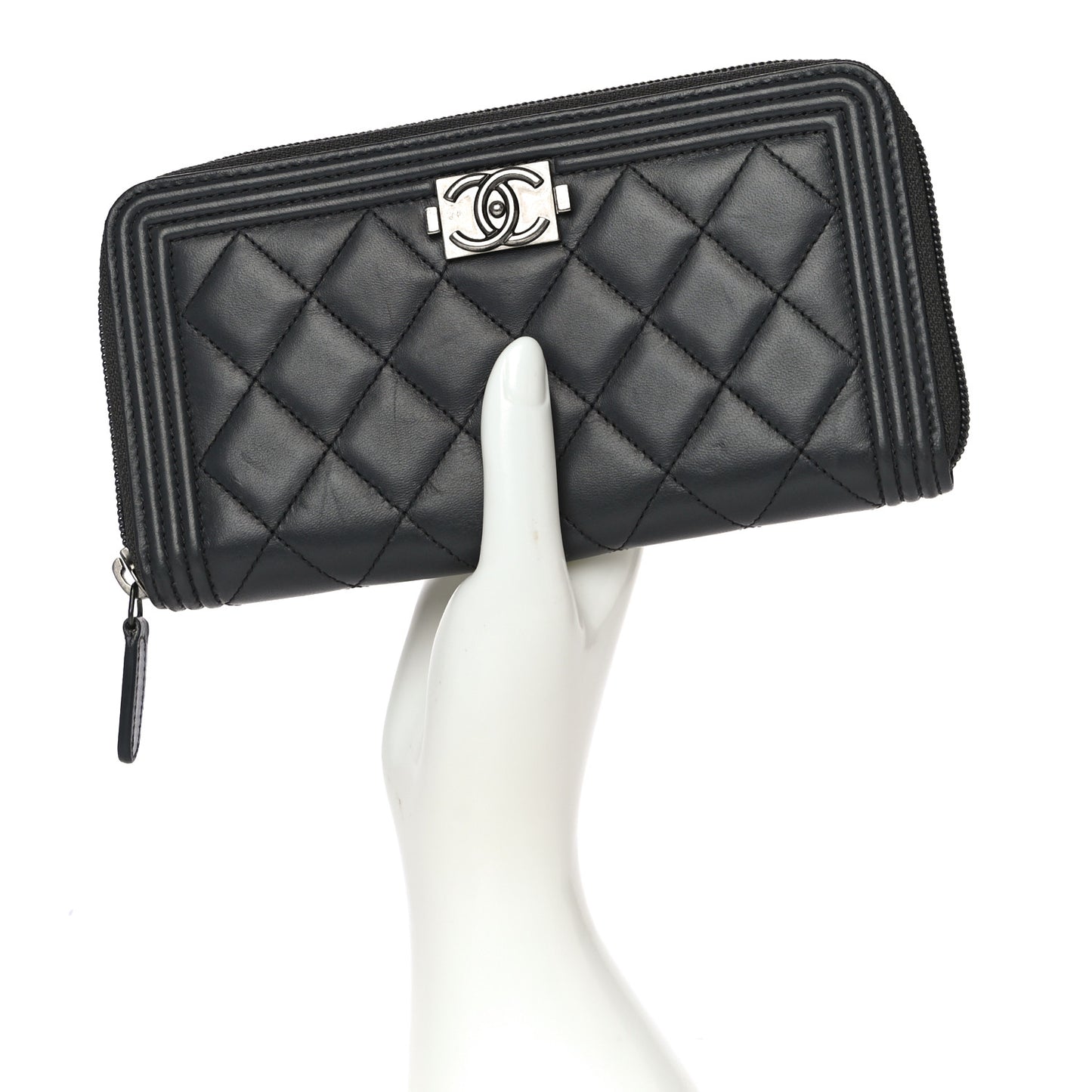 Lambskin Quilted Boy Zip Around Wallet Dark Grey
