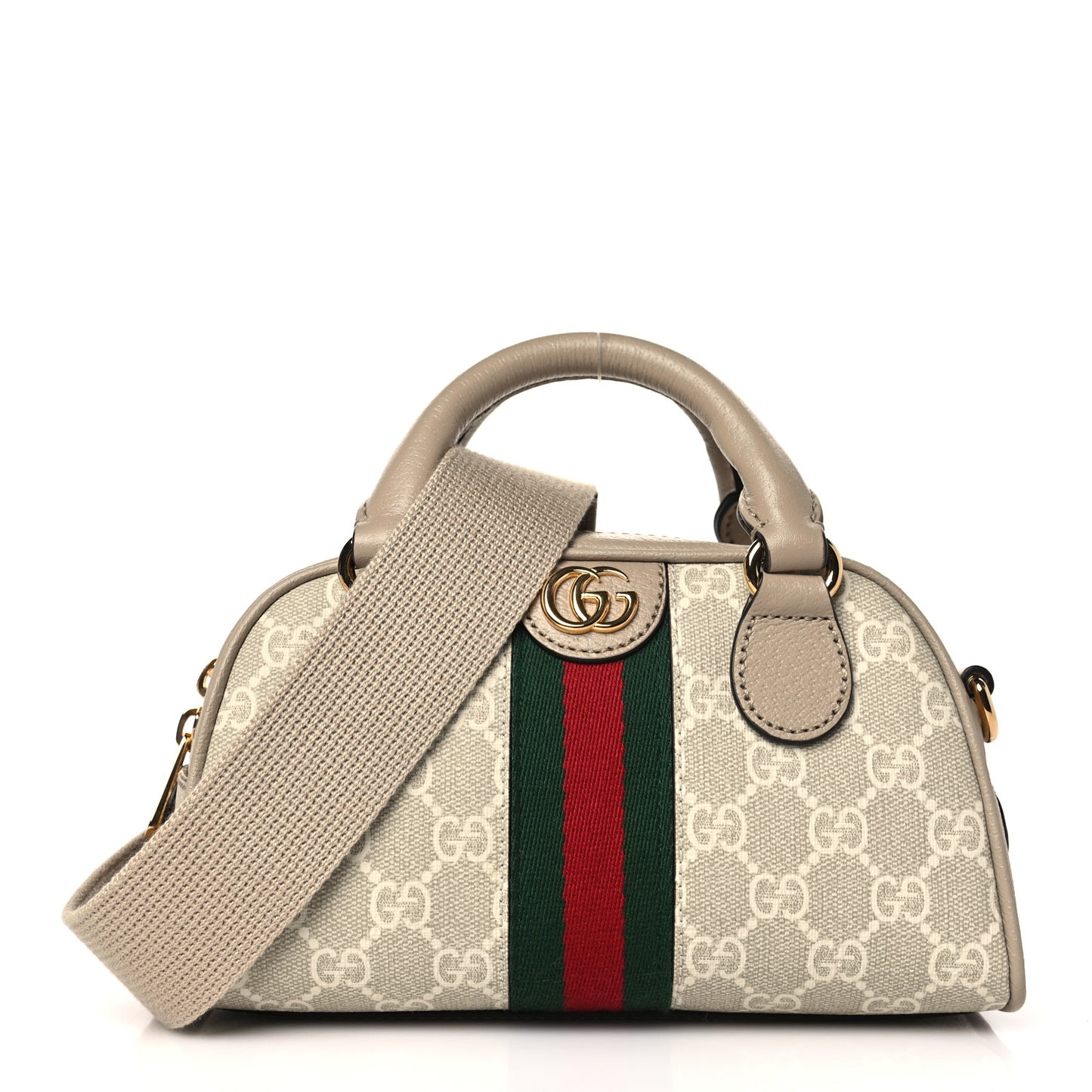 GG Supreme Monogram Textured Dollar Calfskin Web Mini Ophidia Top Handle Bowler Bag Beige Mystic White Oatmeal