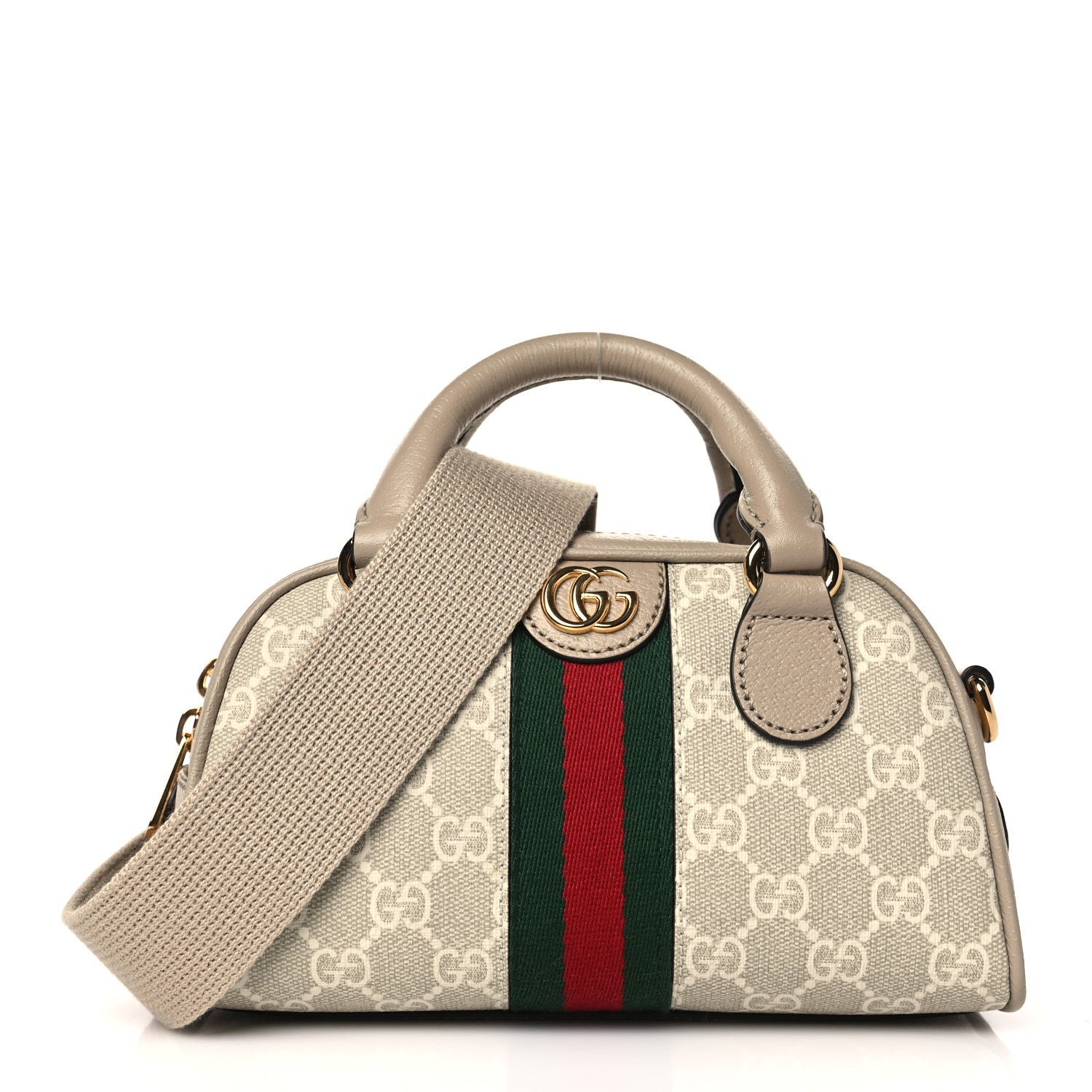 Gucci GG Supreme Monogram Textured Dollar Calfskin Web Mini Ophidia Top Handle Bowler Bag Beige Mystic White Oatmeal 1 of 9