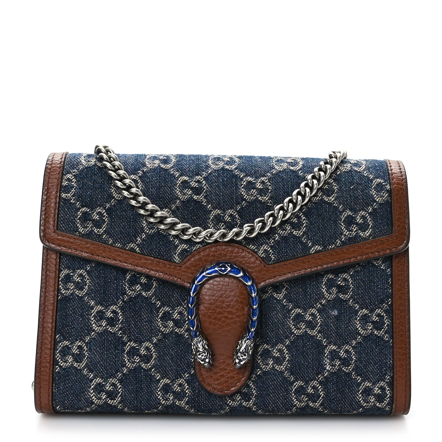 Gucci New Denim GG Monogram Dollar Calfskin Enamel Mini Dionysus Chain Wallet Blue Tea Cuir Epilog Electric Blue 1 of 11