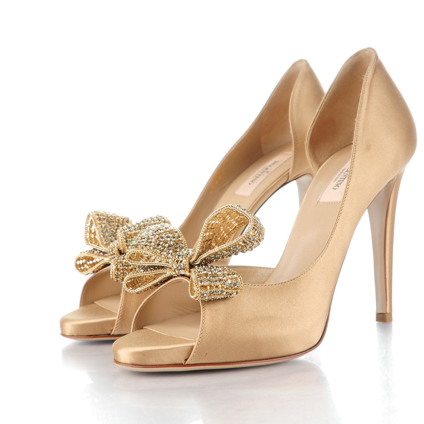 Satin Crystal Couture Bow Peep Toe d'Orsay High Heel Pumps 40 Beige