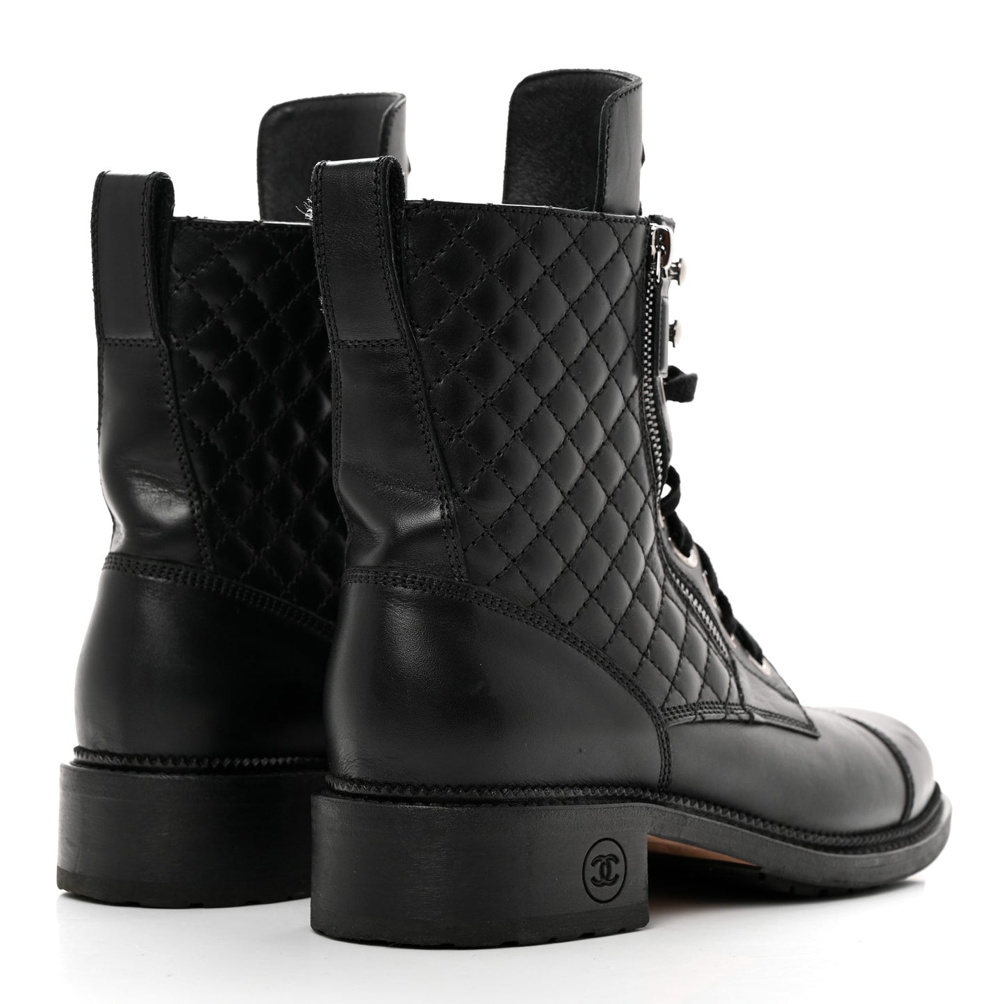Calfskin Quilted Lace Up Combat Boots 41.5 Black