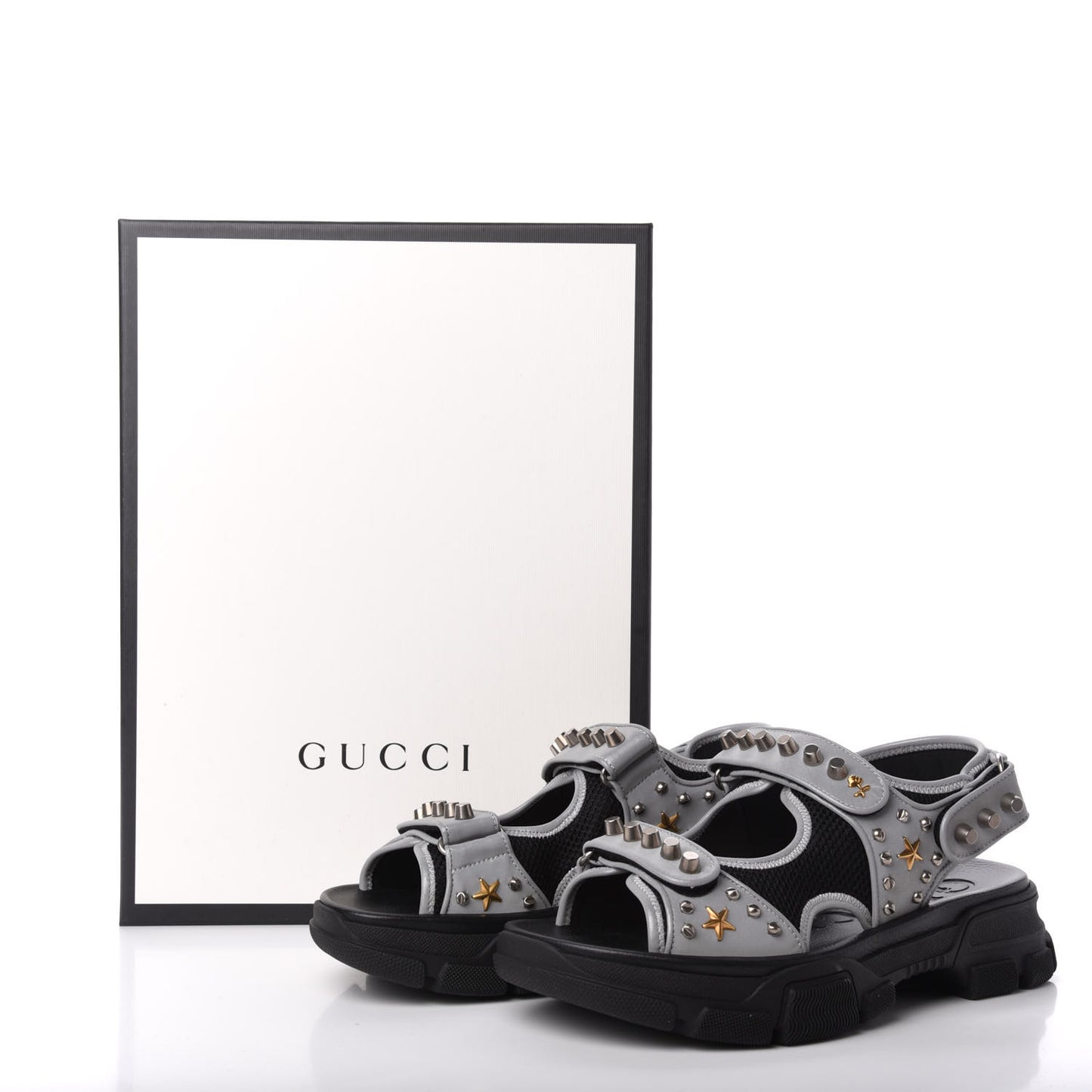 Technical Canvas Calfskin Reflective Studded Mens Aguru Sandals 9 Silver Black