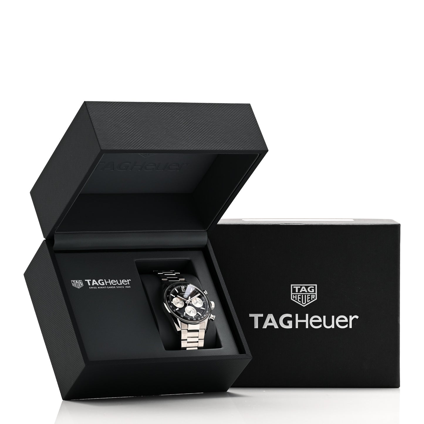 Stainless Steel 39mm Carrera Glass Box Chronograph Automatic Watch Black