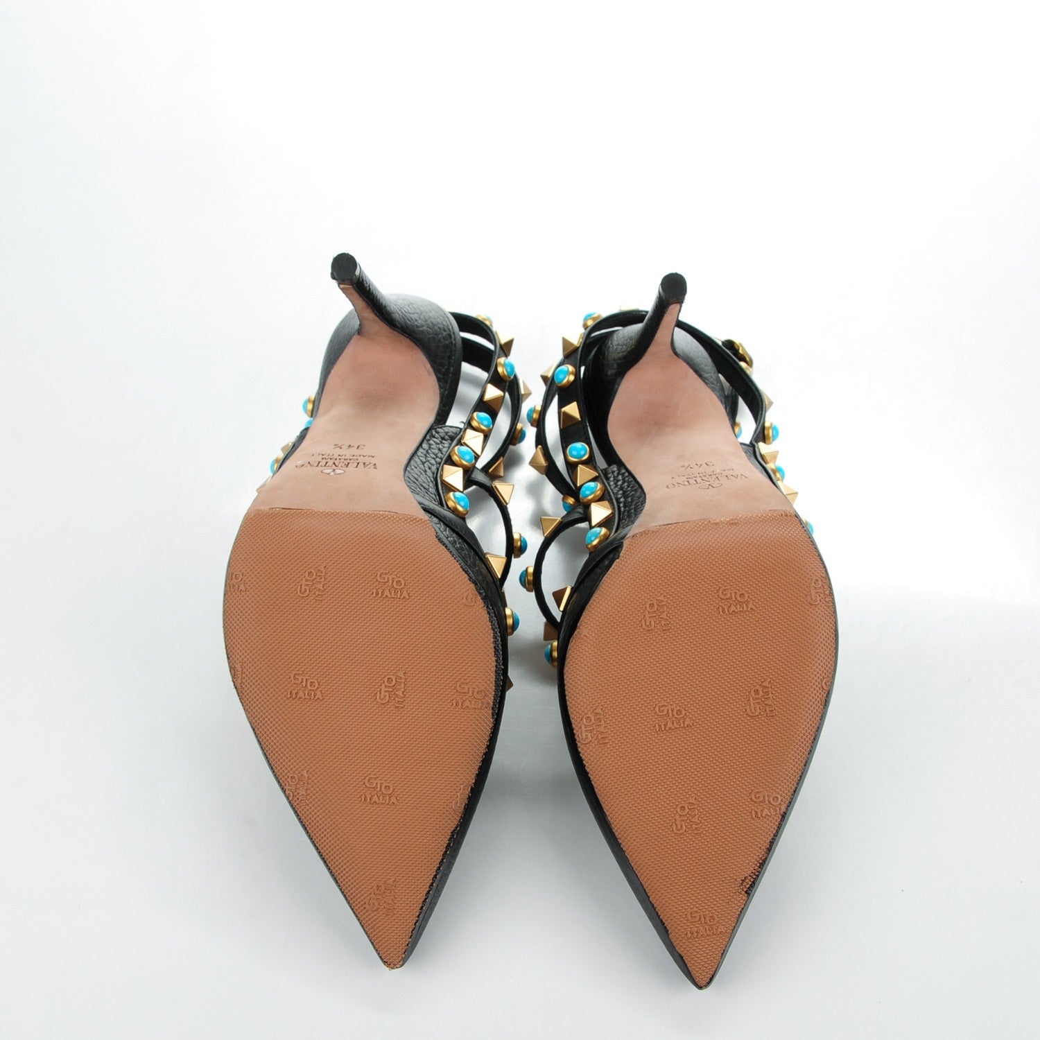 Valentino Garavani Pebbled Calfskin Turquoise Rockstud Rolling Ankle Strap 100mm Pumps 34.5 Black 5 of 8