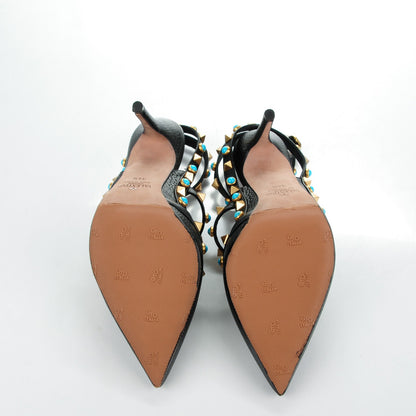 Valentino Garavani Pebbled Calfskin Turquoise Rockstud Rolling Ankle Strap 100mm Pumps 34.5 Black 5 of 8