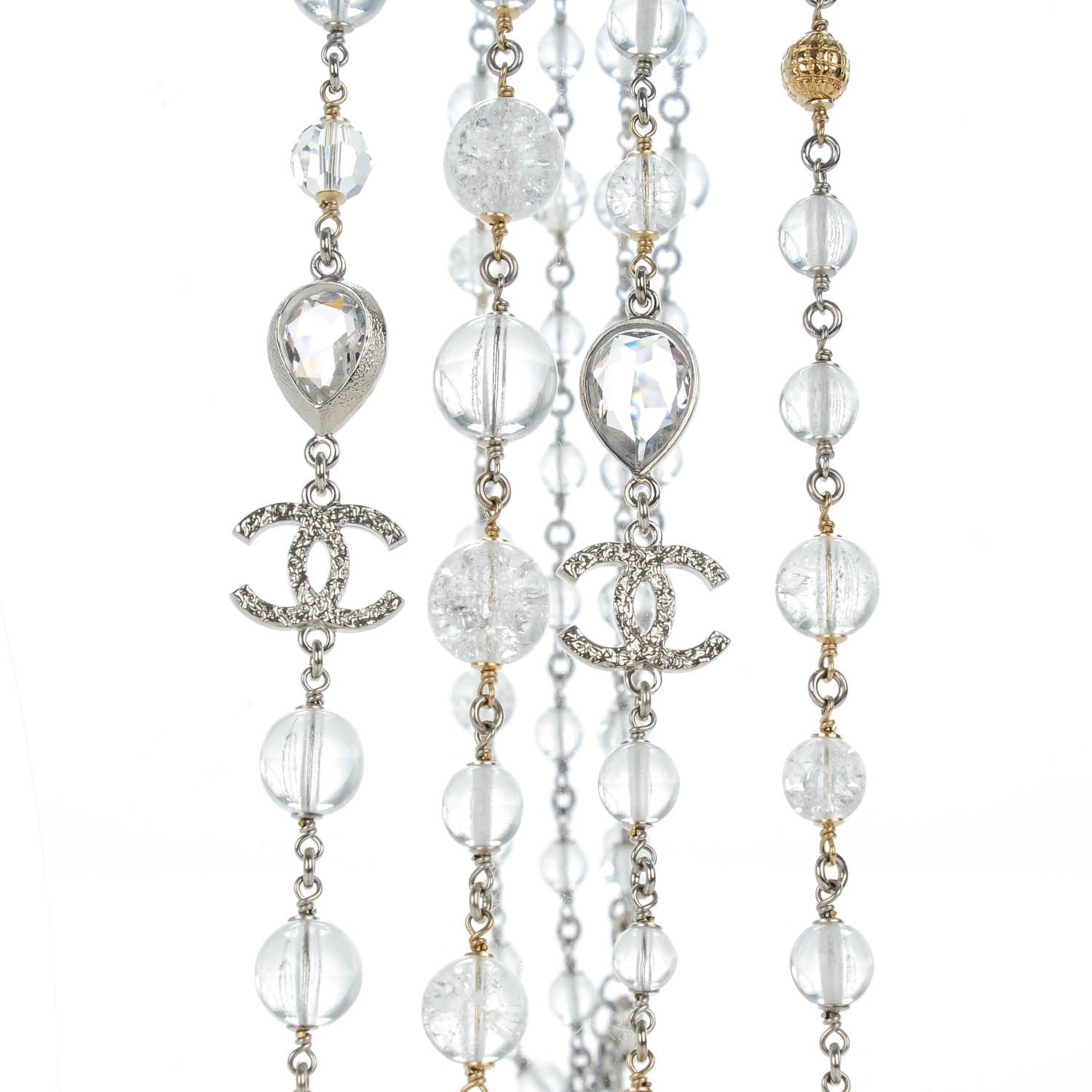 Chanel Crystal Glass Beaded CC Long Necklace Silver 4 of 6