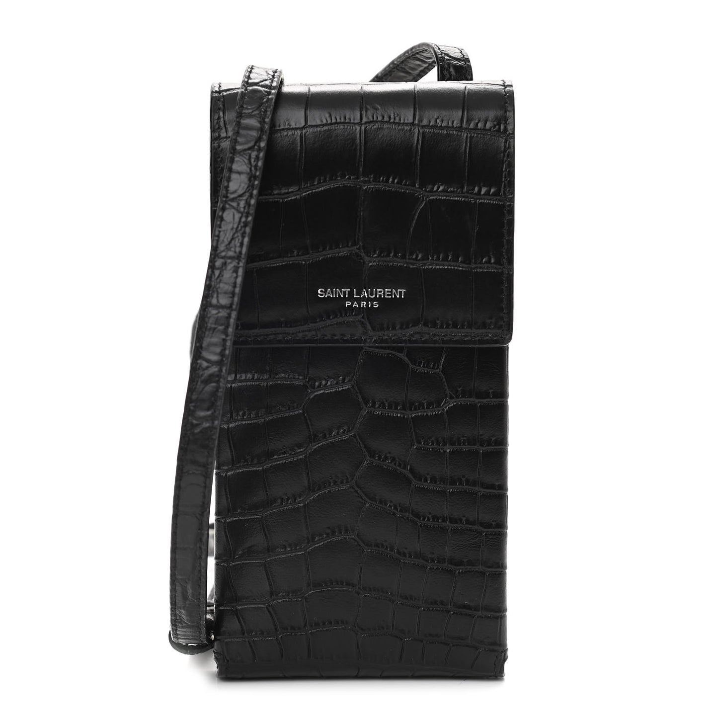 Calfskin Crocodile Embossed Phone Holder Crossbody Black