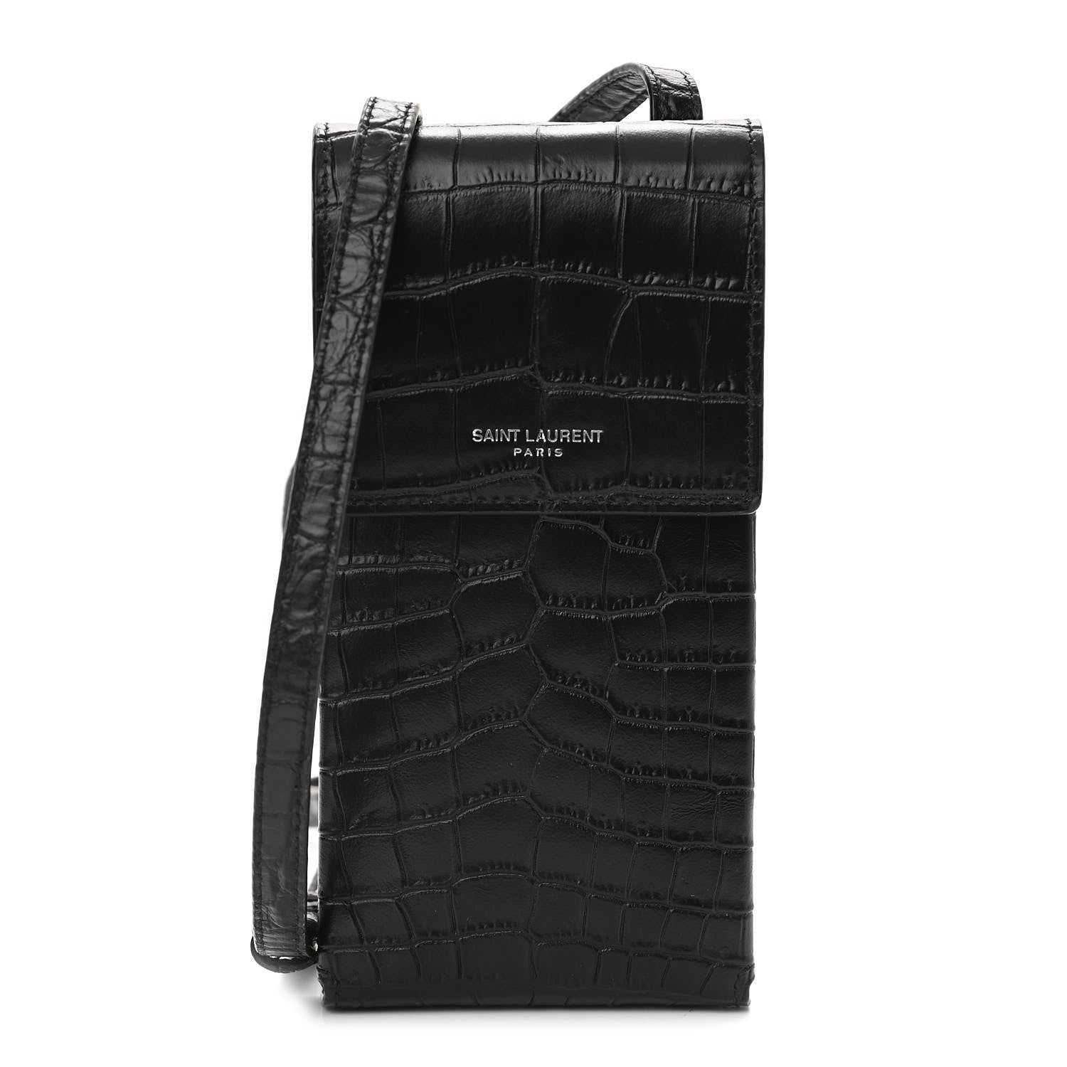 Saint Laurent Calfskin Crocodile Embossed Phone Holder Crossbody Black 1 of 10