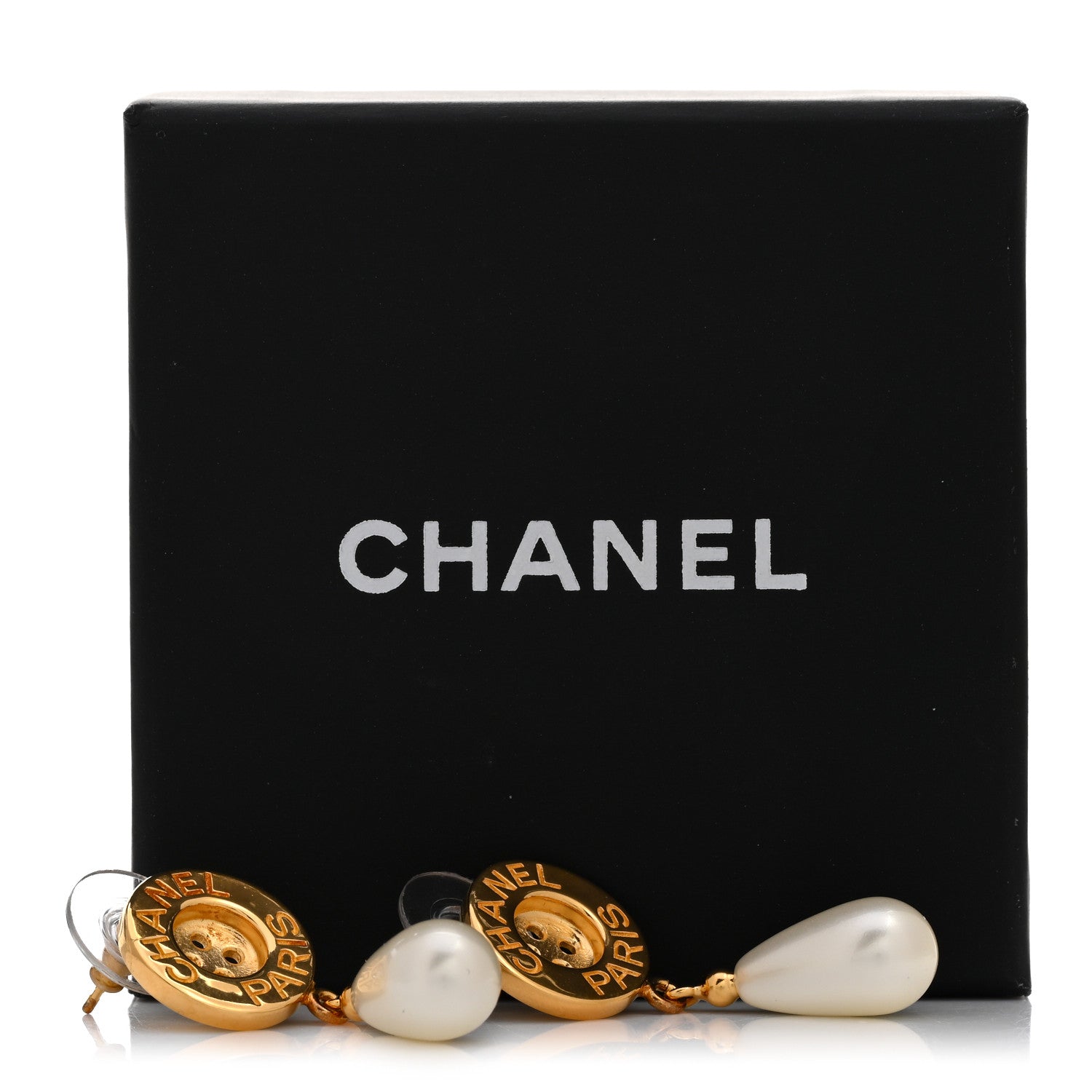 Chanel Metal Pearl Paris Button Drop Earrings Gold 5 of 5