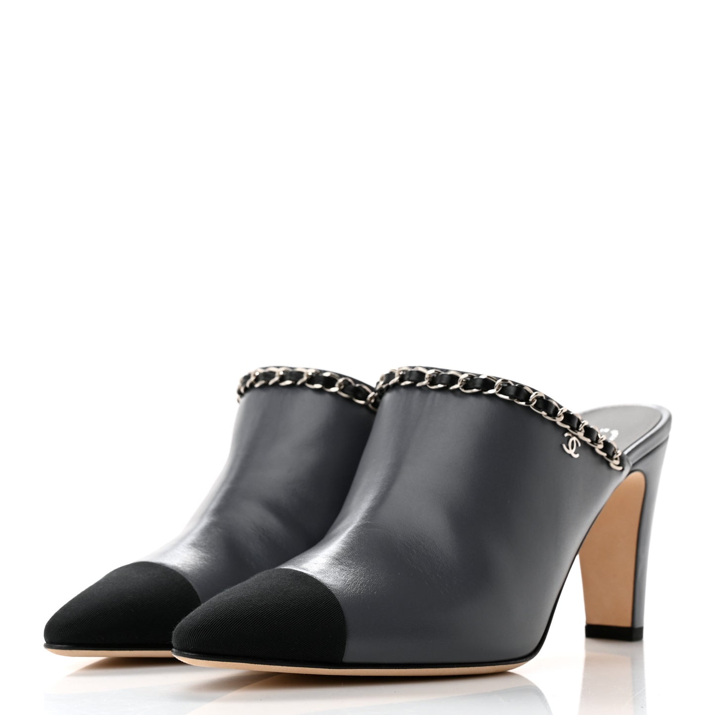 Lambskin Grosgrain Cap Toe Chain Mule 39.5 Grey