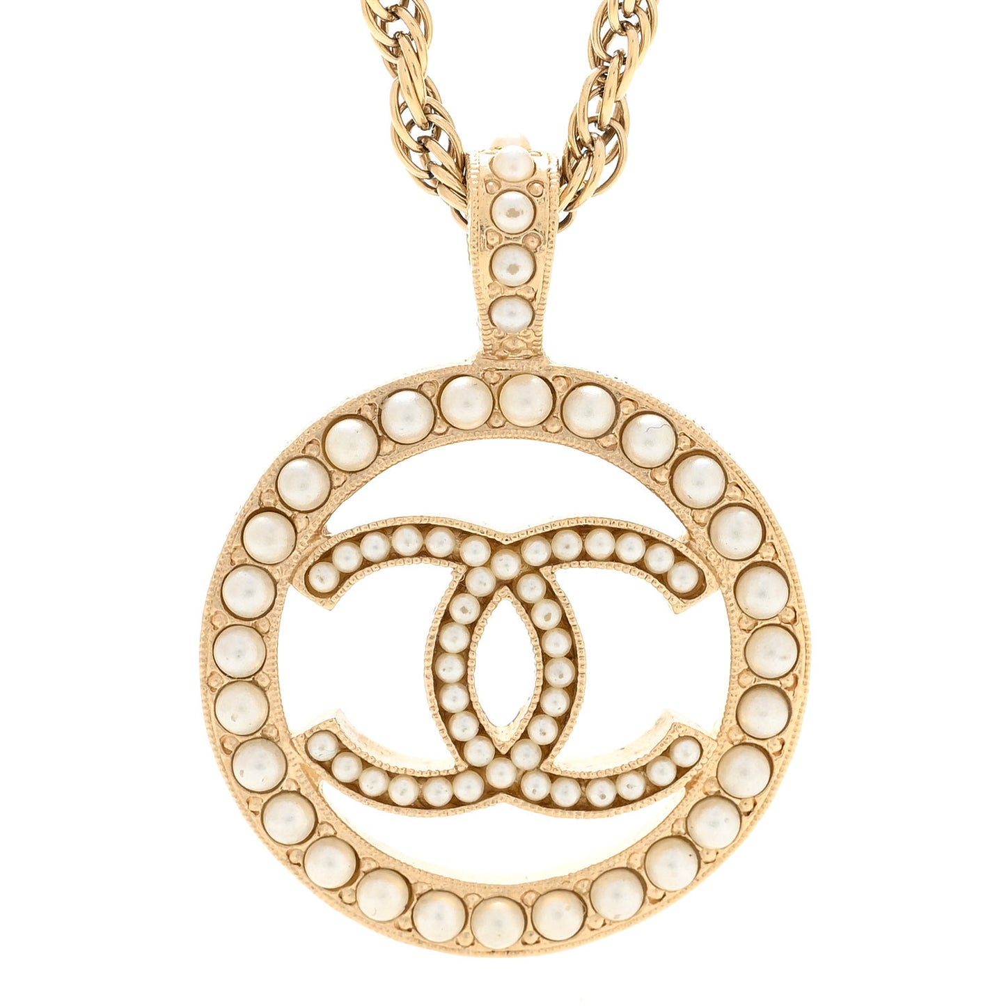 Pearl CC Round Pendant Necklace Gold