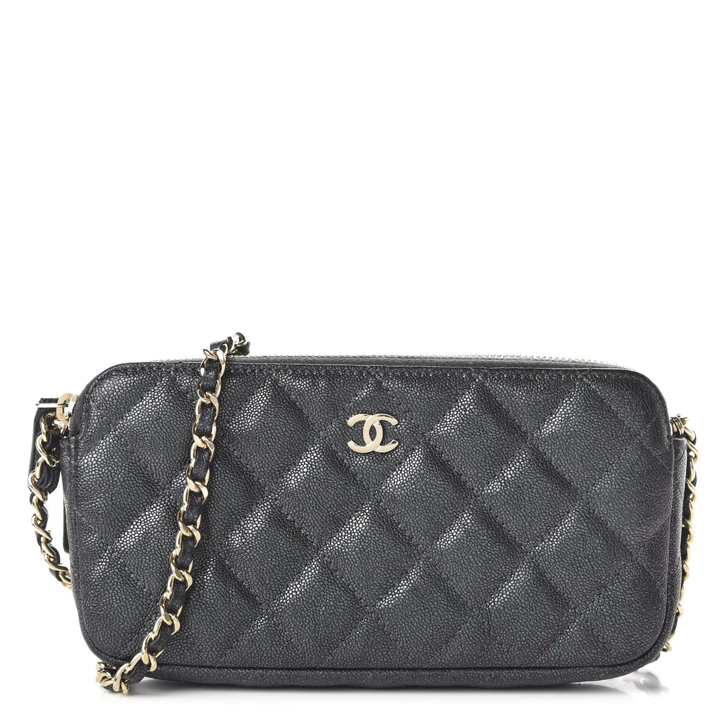 Iridescent Caviar Quilted Small Clutch With Chain Black
