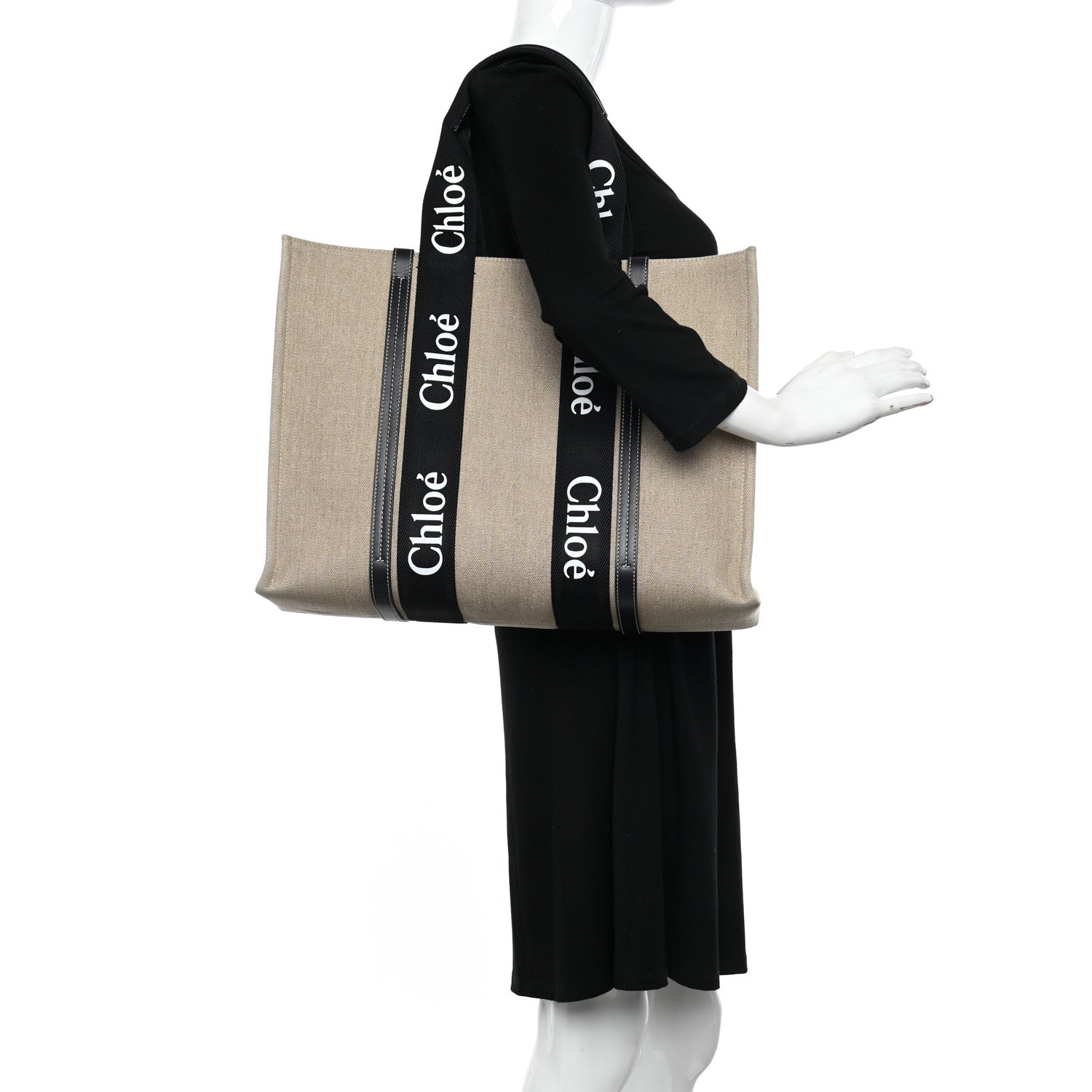 Chloe Linen Calfskin Large Woody Ribbon Tote Black Blue 2 of 13
