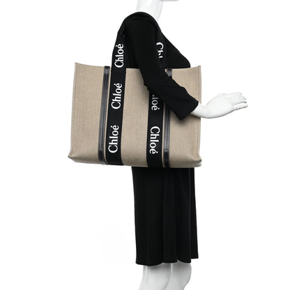 Chloe Linen Calfskin Large Woody Ribbon Tote Black Blue 2 of 13
