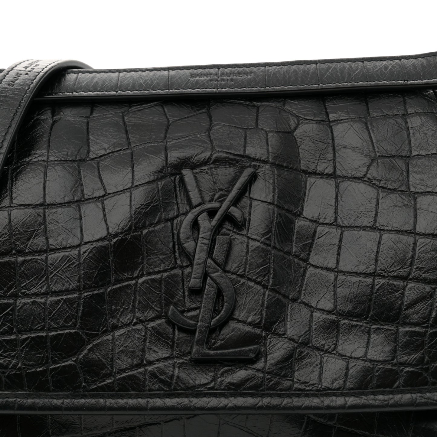 Crocodile Embossed Lambskin Monogram Medium Niki Chain Satchel Black