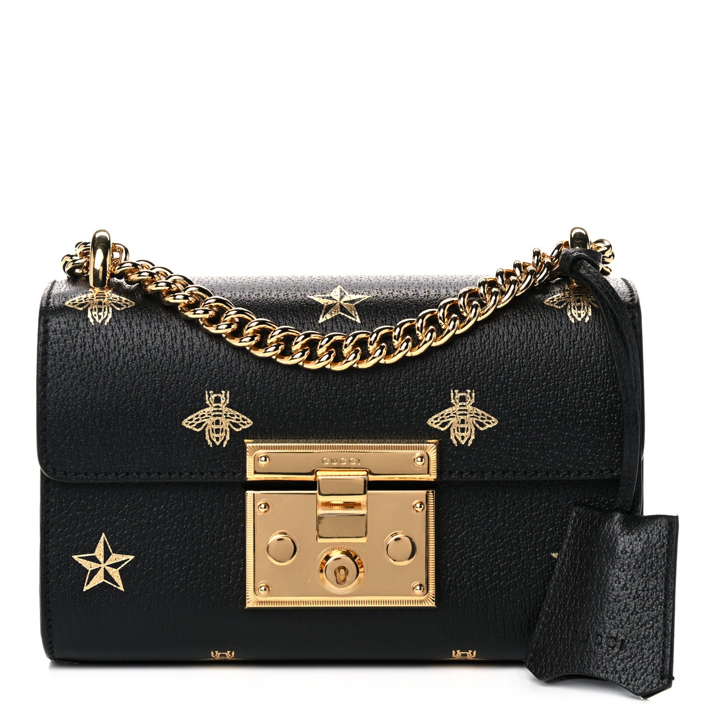 Grained Calfskin Bee Star Small Padlock Shoulder Bag Black