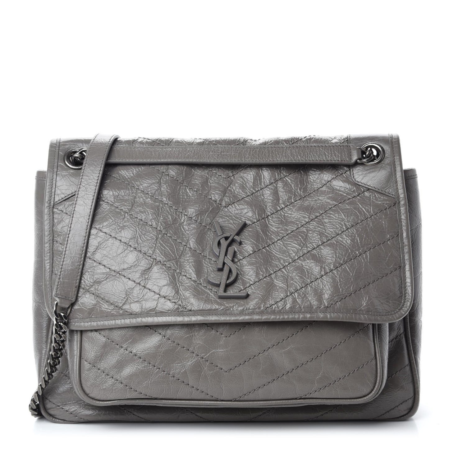 Crinkled Calfskin Matelasse Monogram Large Niki Chain Satchel Fog