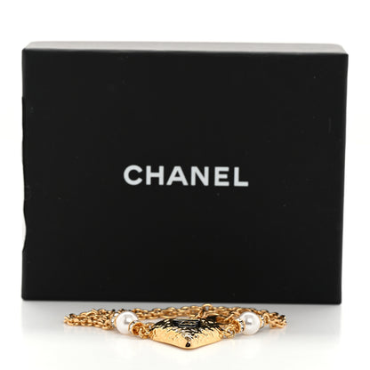 Chanel Resin Crystal Pearl Chain Heart CC Pendant Choker Necklace Black White Gold 6 of 6