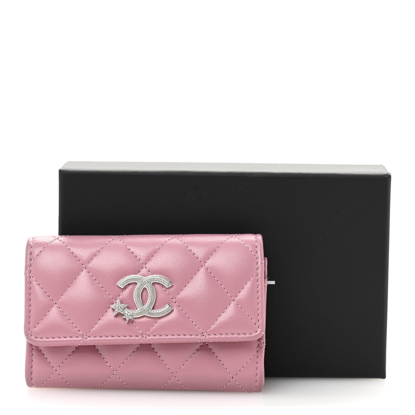 Lambskin Quilted Flap Crystal Star Card Holder Wallet Pink