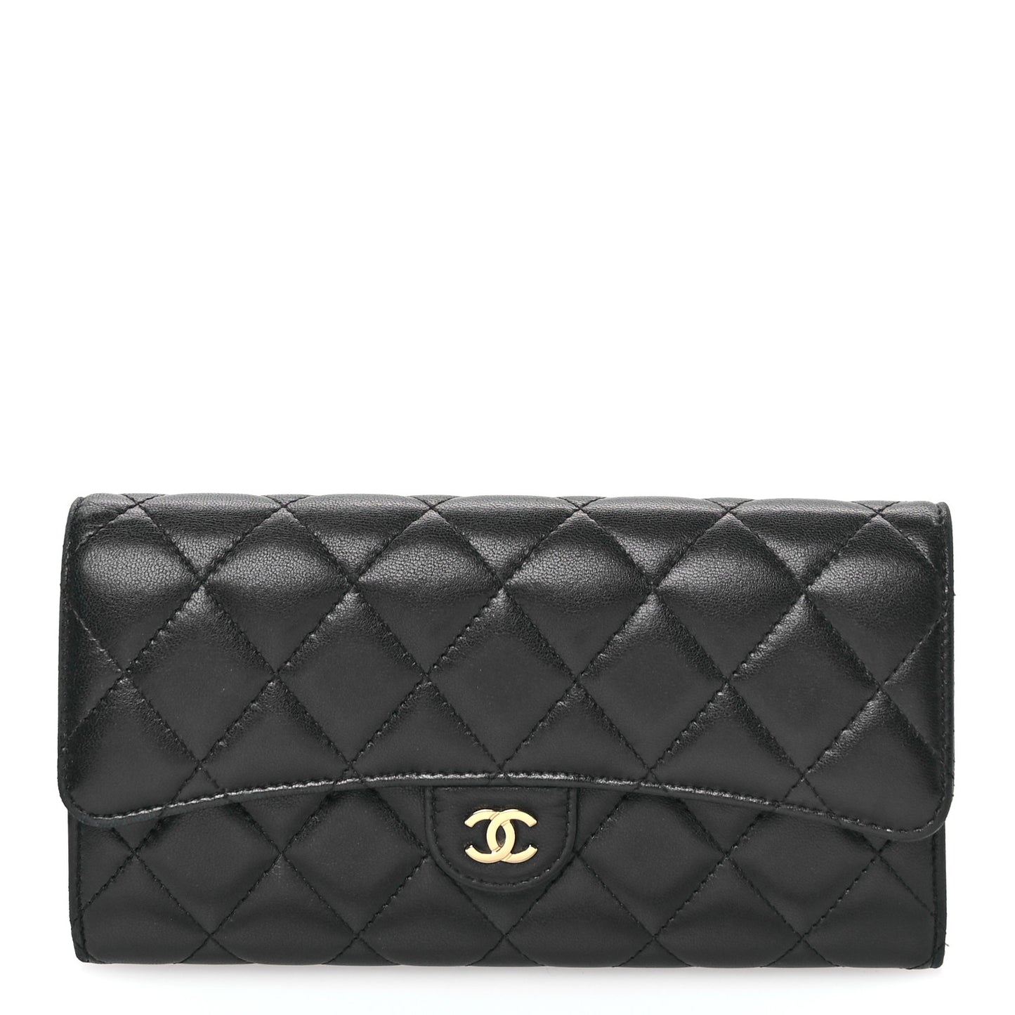Lambskin Quilted Large Gusset Flap Wallet Black