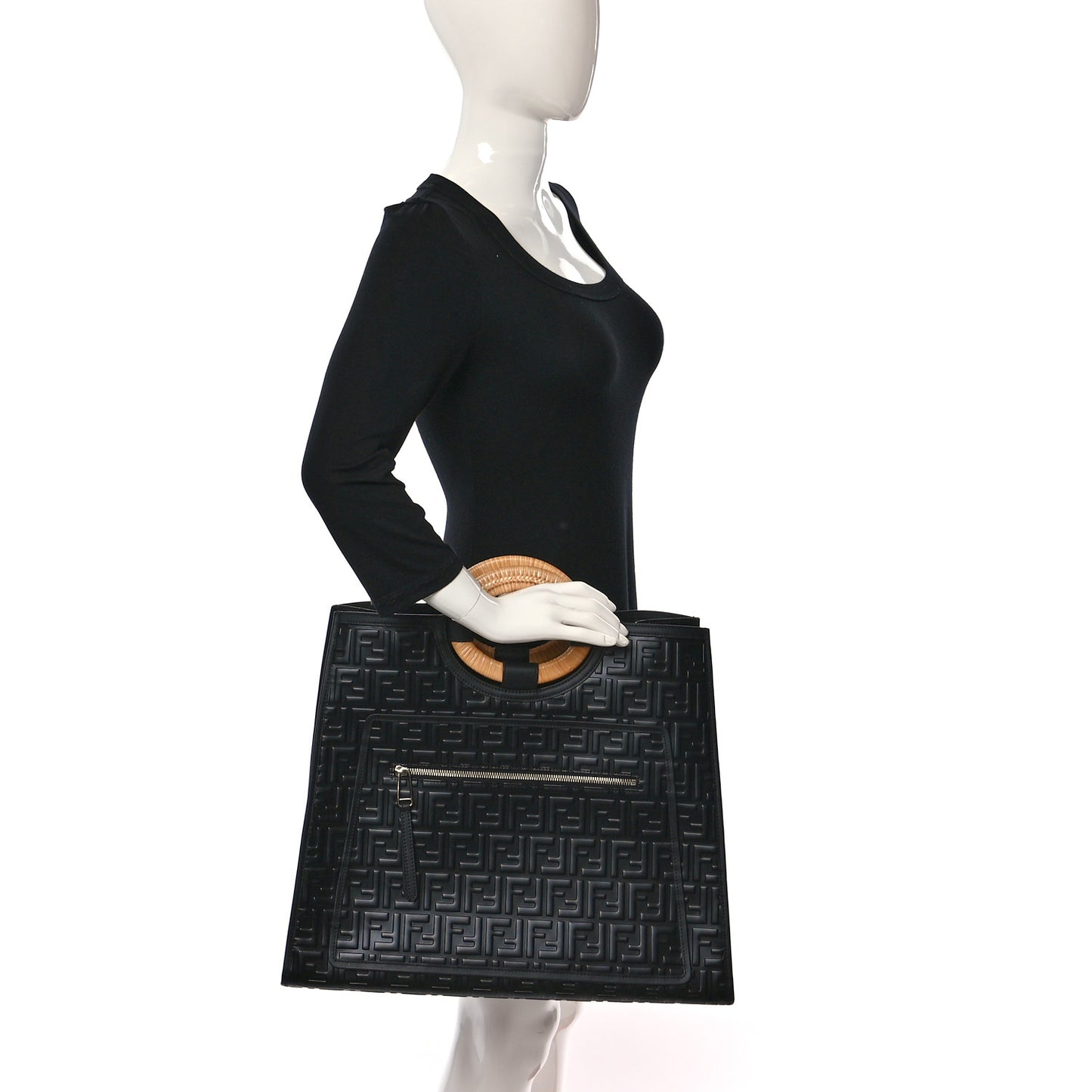 Vitello Century Wicker FF 1974 Embossed Large Runaway Shopper Tote Black