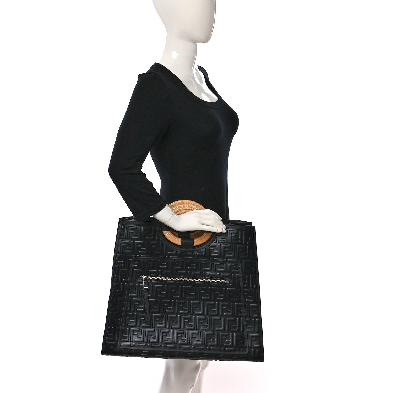 Fendi Vitello Century Wicker FF 1974 Embossed Large Runaway Shopper Tote Black 2 of 9