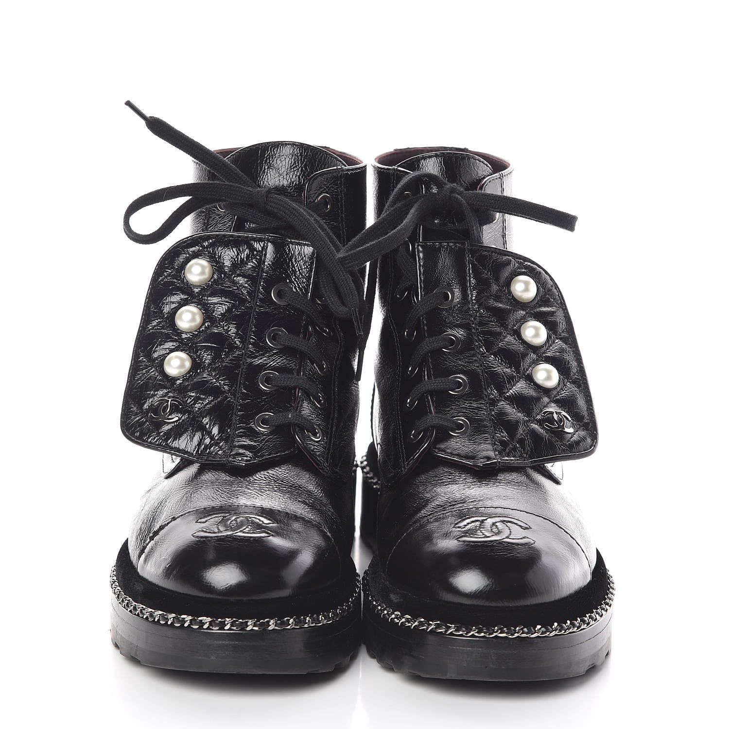 Chanel Crackled Calfskin Velvet Pearl Combat Short Boots 38 Black 2 of 8