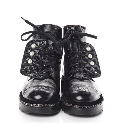 Chanel Crackled Calfskin Velvet Pearl Combat Short Boots 38 Black 2 of 8