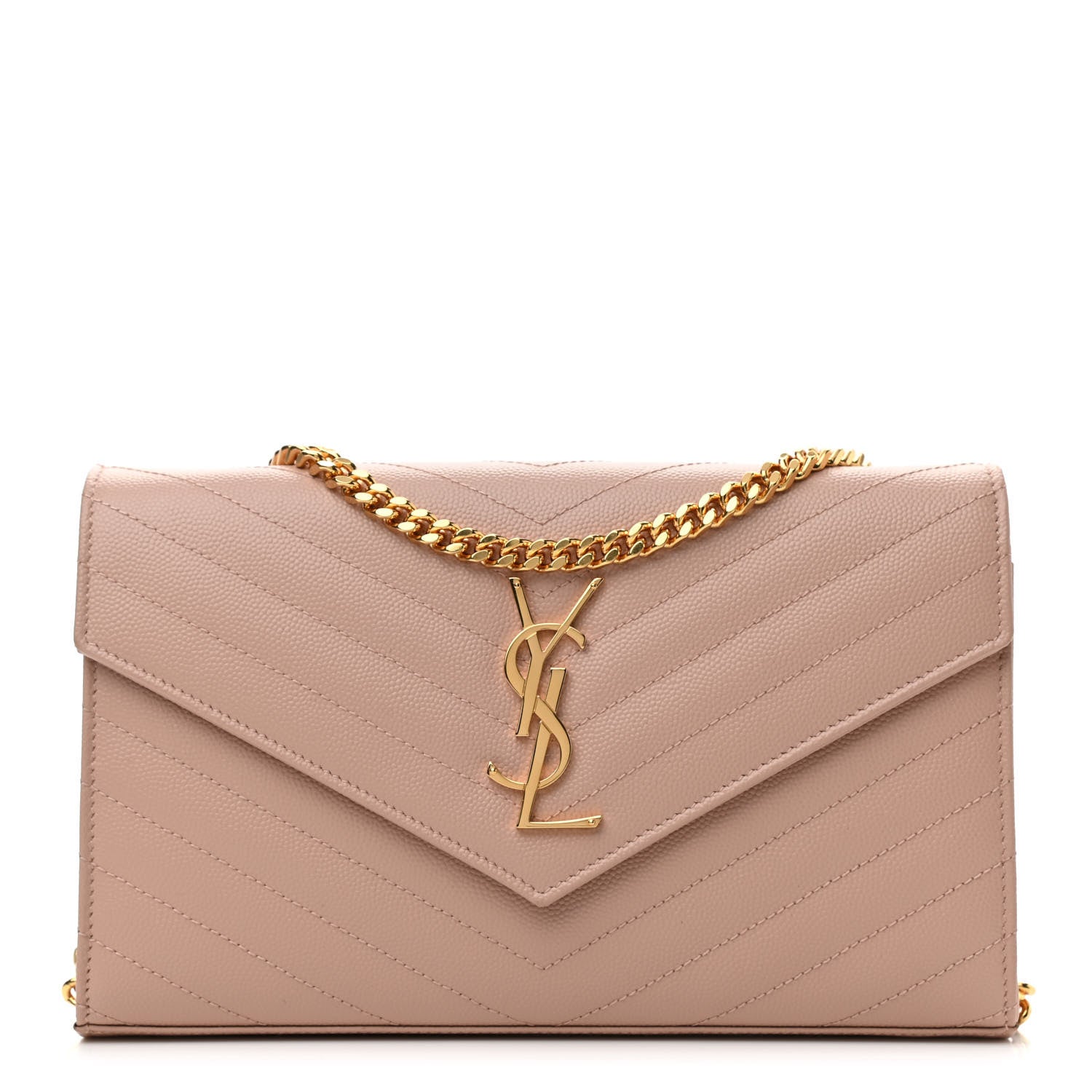Saint Laurent Grain De Poudre Matelasse Chevron Monogram Chain Wallet Pale Pink 1 of 8