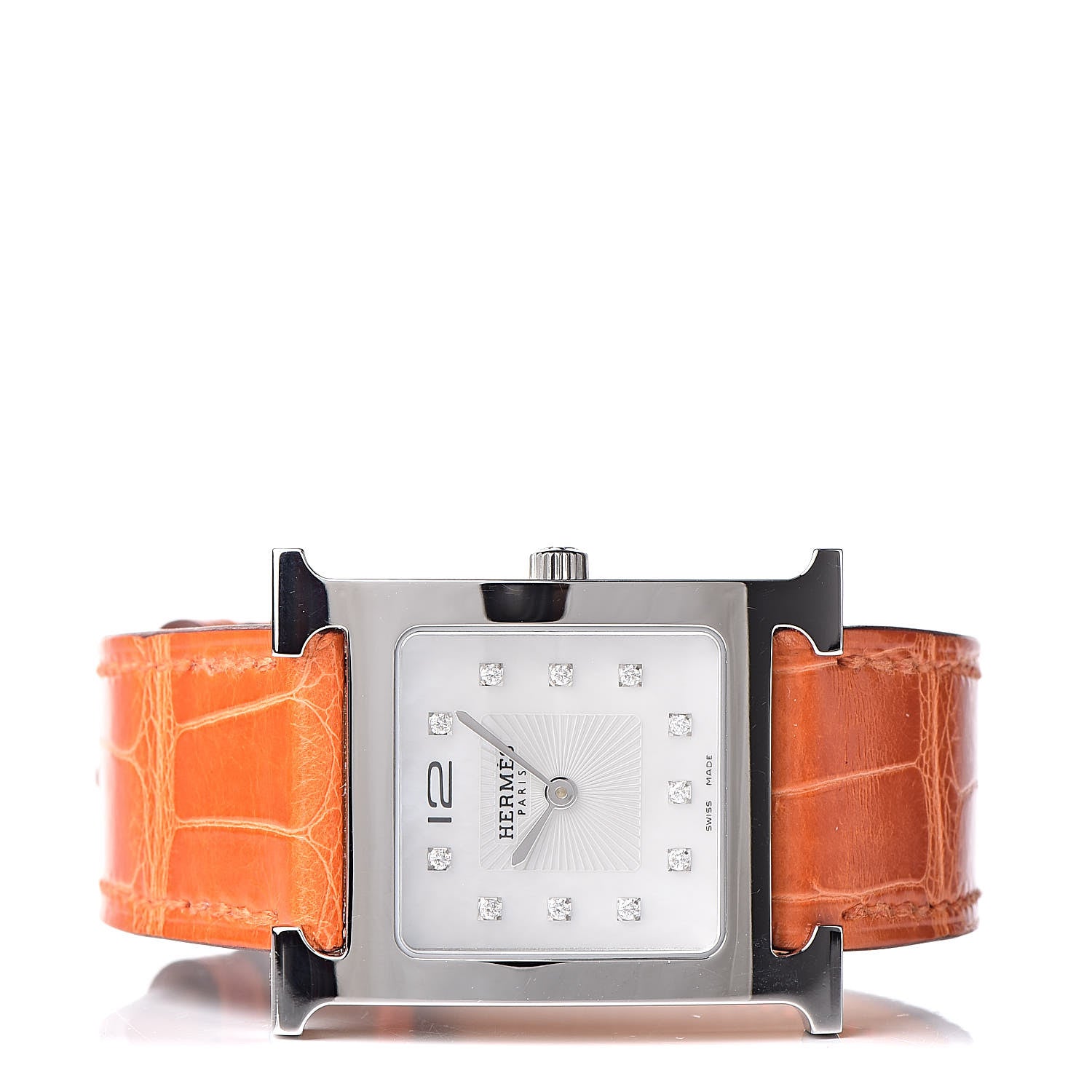 Hermes Stainless Steel Alligator Diamond Mother of Pearl 26mm Heure H Hour Quartz Watch Orange 3 of 8