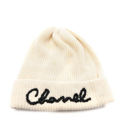 Chanel Cashmere Logo Beanie Hat Ivory Black 1 of 4
