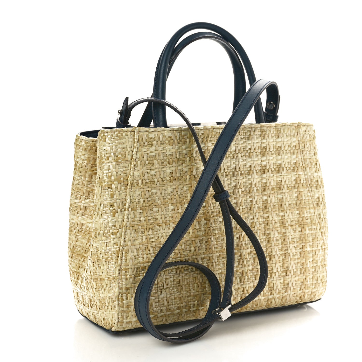 Fendi Woven Raffia Vitello Petite 2Jours Tote Natural Navy 3 of 10
