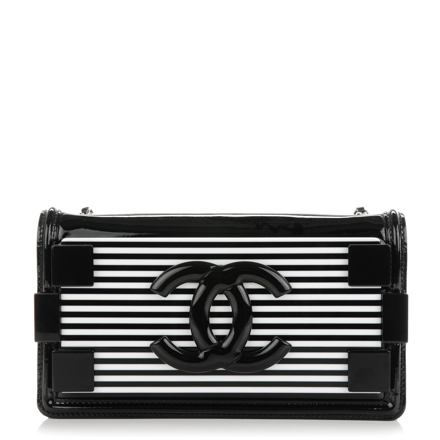Chanel Plexiglass Patent Striped Boy Brick Flap Black White 1 of 7