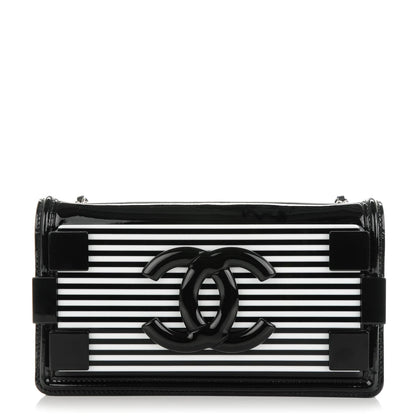 Chanel Plexiglass Patent Striped Boy Brick Flap Black White 1 of 7