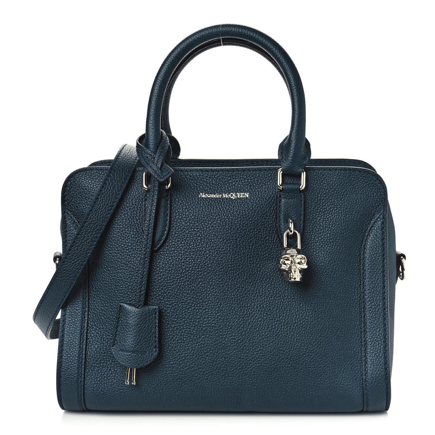 Pebbled Calfskin Small Skull Padlock Zip Around Tote Navy Blue