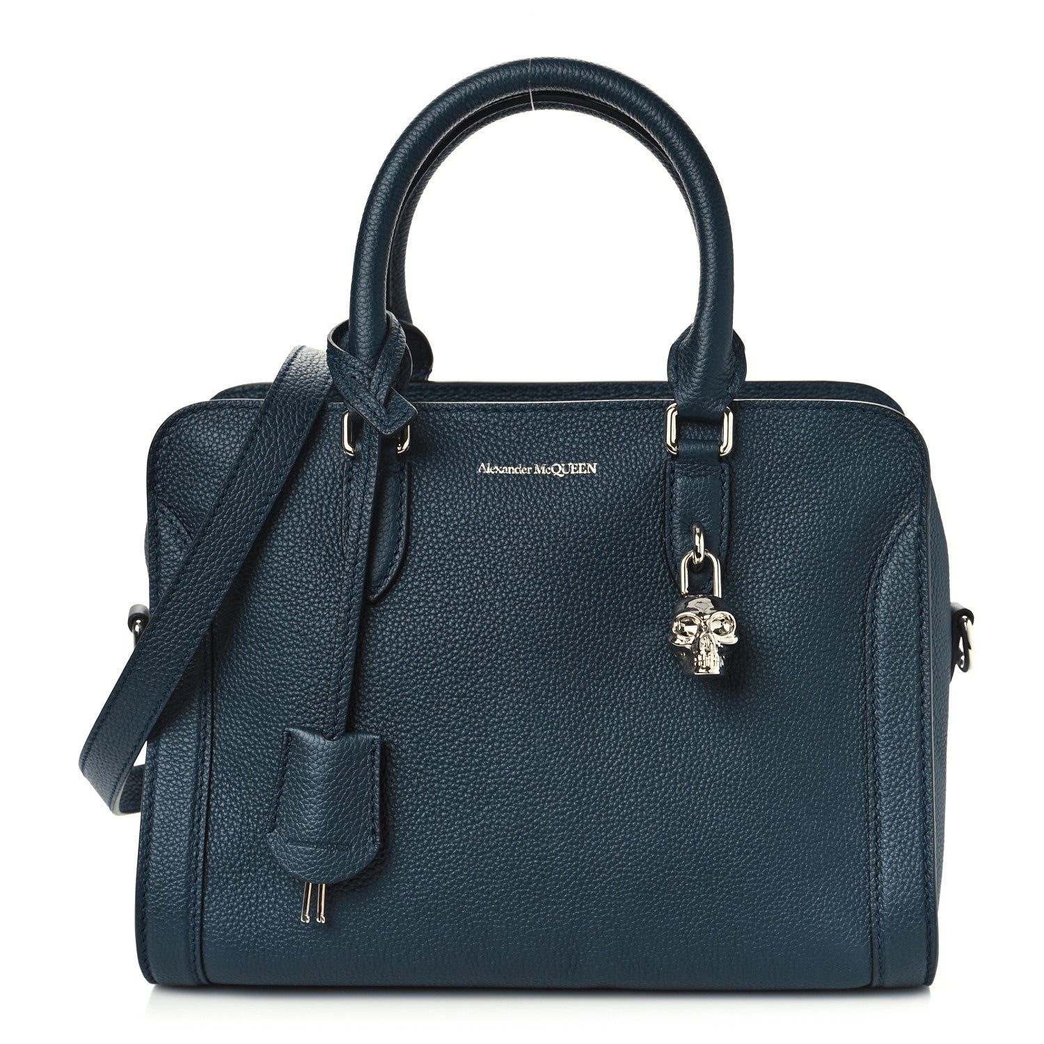 Alexander McQueen Pebbled Calfskin Small Skull Padlock Zip Around Tote Navy Blue 1 of 8
