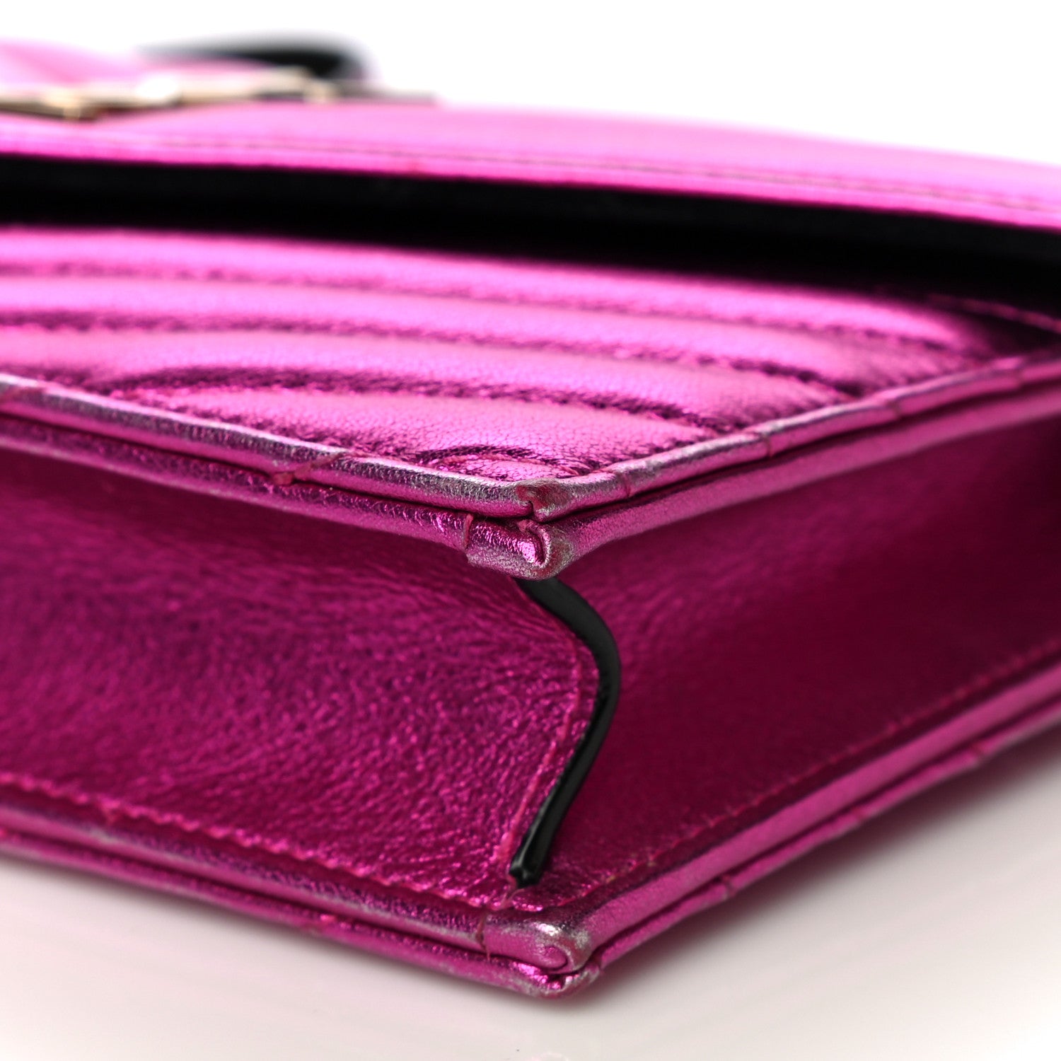 Saint Laurent Metallic Calfskin Matelasse Chevron Monogram Envelope Chain Wallet Fuchsia 9 of 15