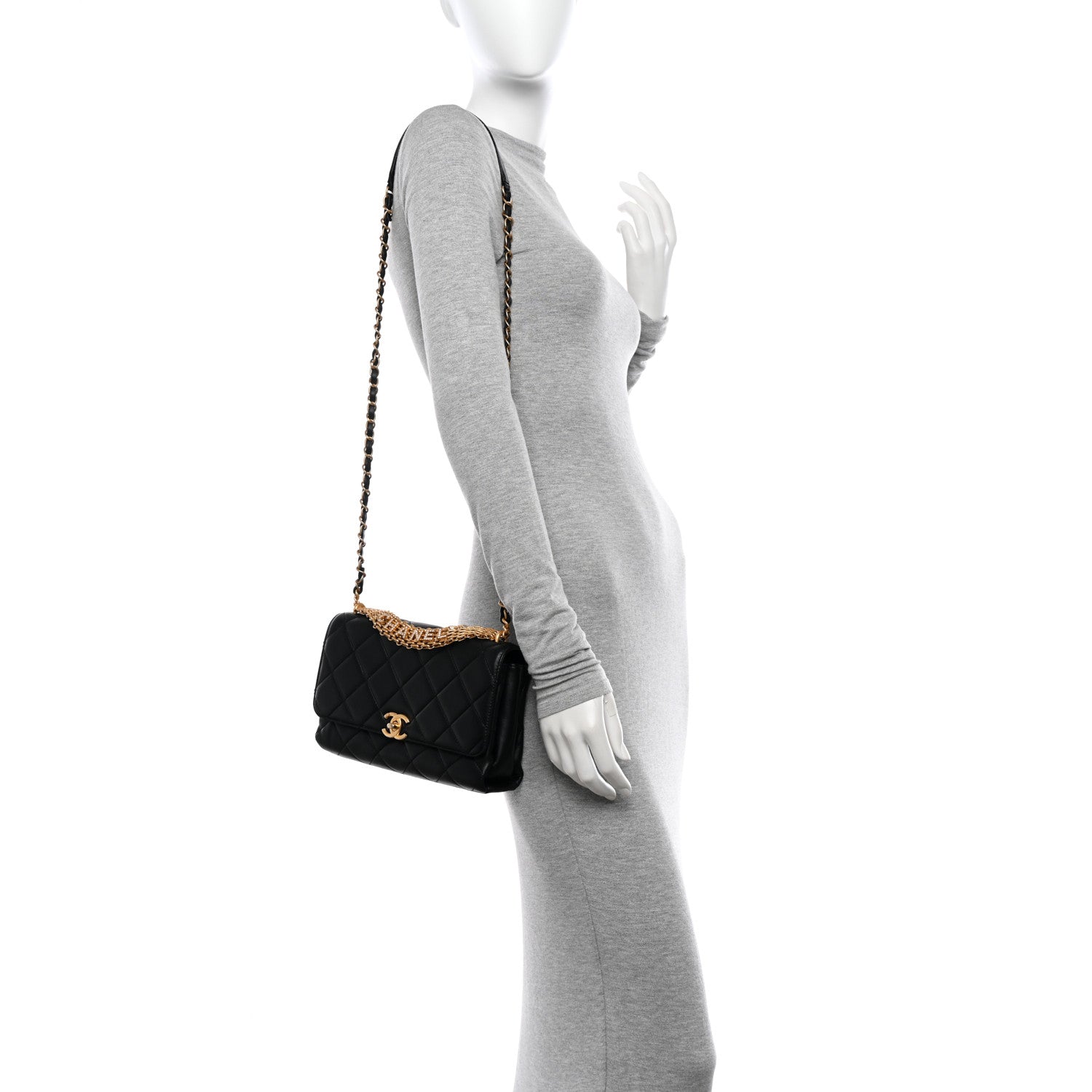 Chanel Lambskin Quilted CC Crystal Logo Chain Flap Black 2 of 12