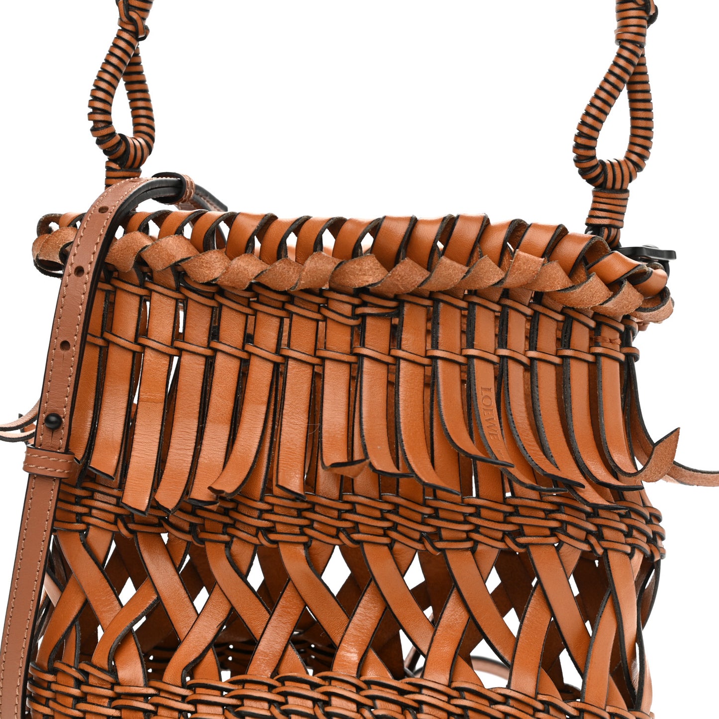 Calfskin Fringe Woven Small Bucket Bag Tan