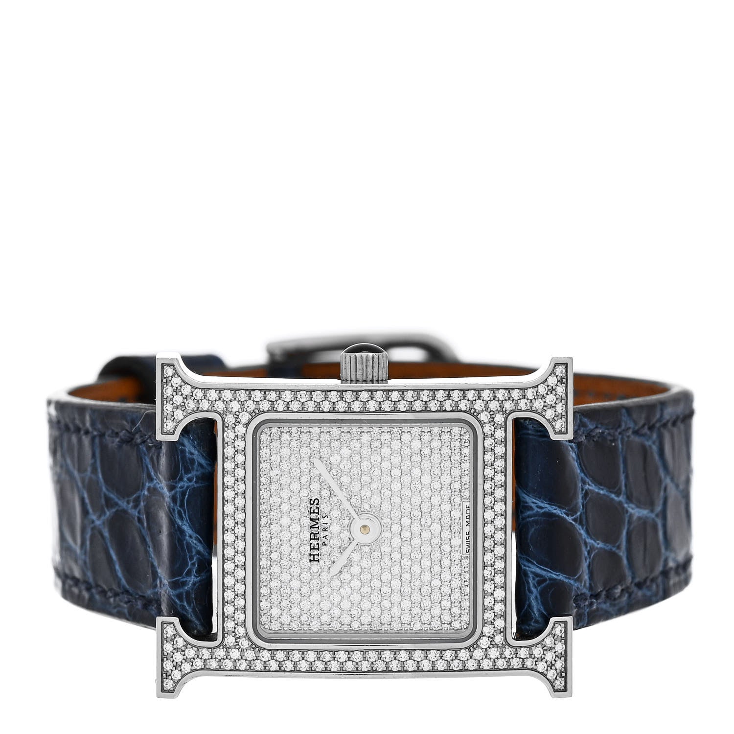 Hermes Stainless Steel Alligator Diamond Pave 21mm Heure H Hour Quartz Watch Bleu Saphir 2 of 4