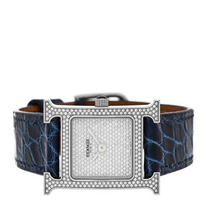 Hermes Stainless Steel Alligator Diamond Pave 21mm Heure H Hour Quartz Watch Bleu Saphir 2 of 4
