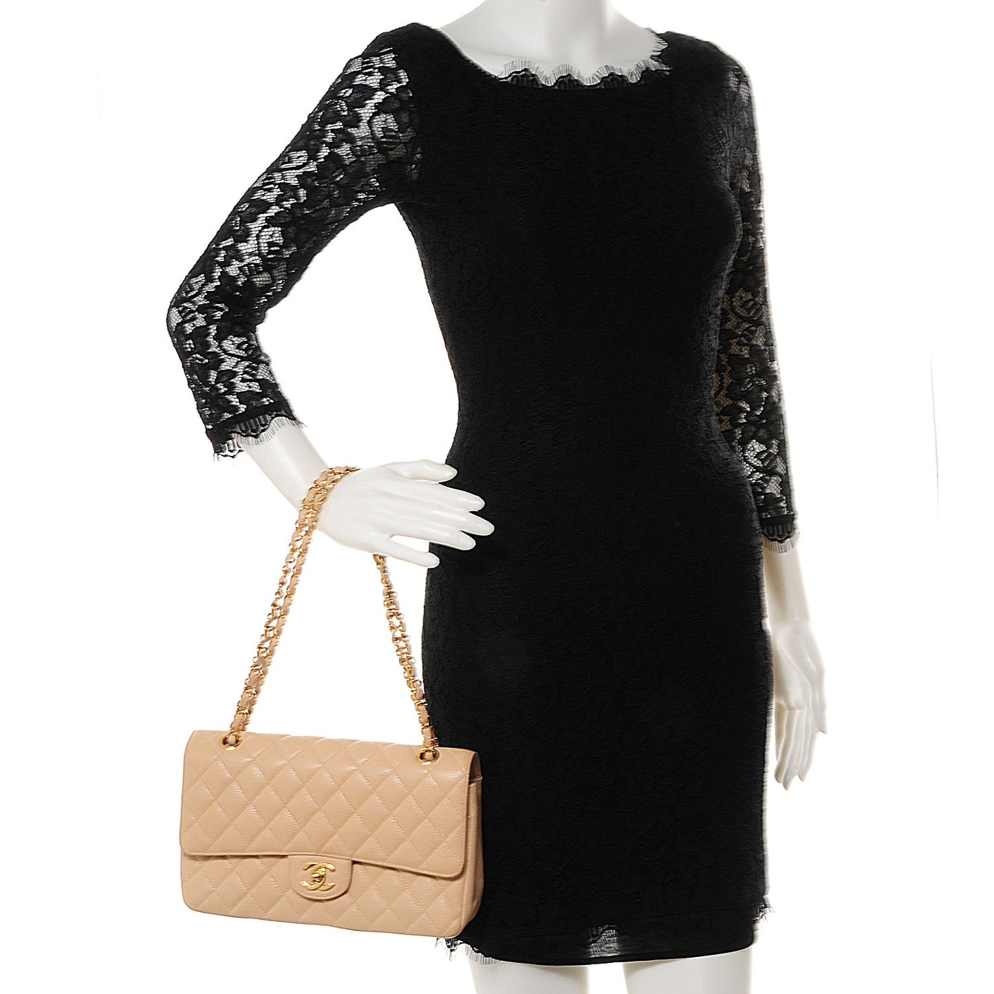Caviar Quilted Medium Double Flap Beige Clair