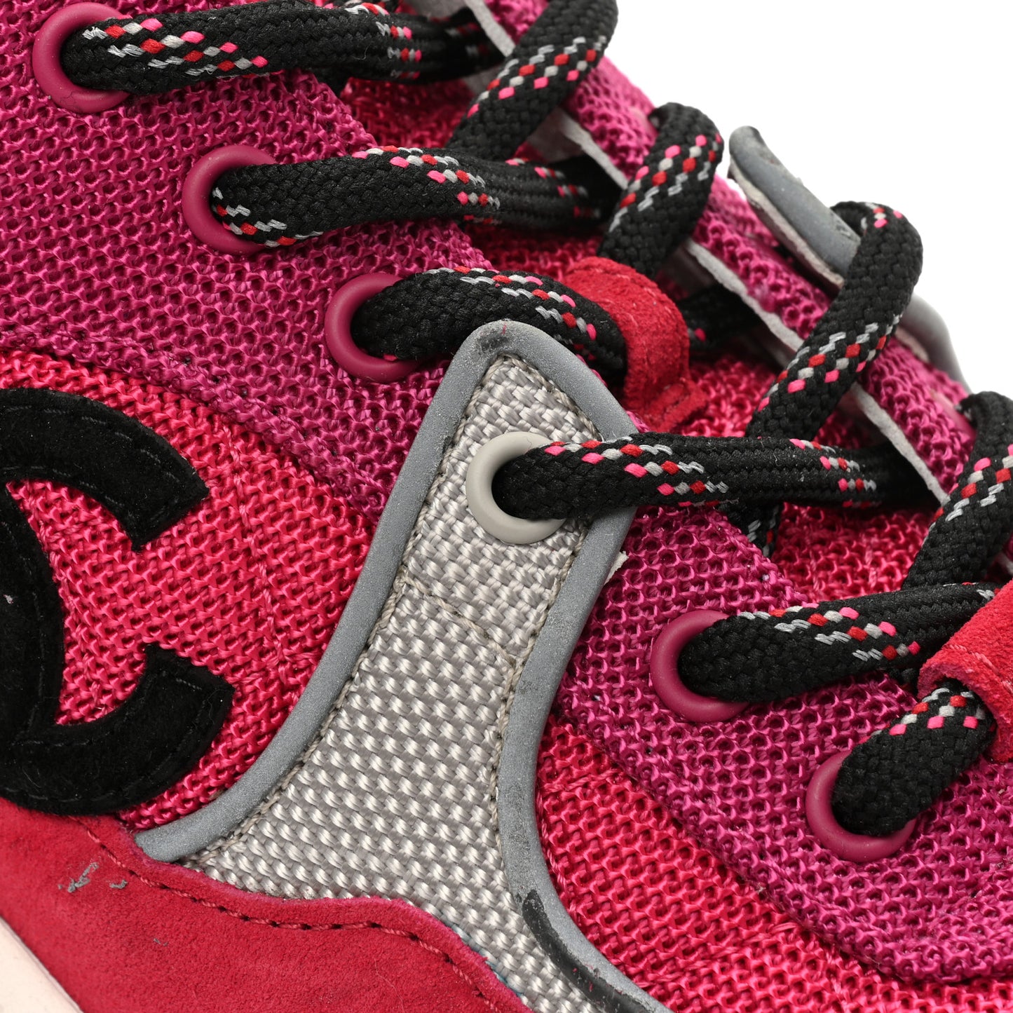 Mesh Suede Calfskin Grained Calfskin Womens CC Sneakers 37.5 Dark Pink Silver