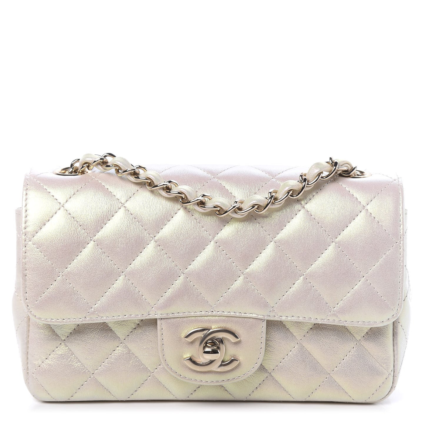 Iridescent Lambskin Quilted Mini Rectangular Flap Ivory